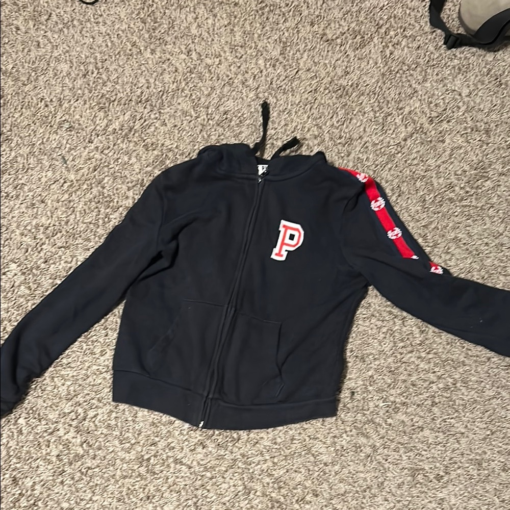 Pink Black Zip-Up Hoodie with Red Accents